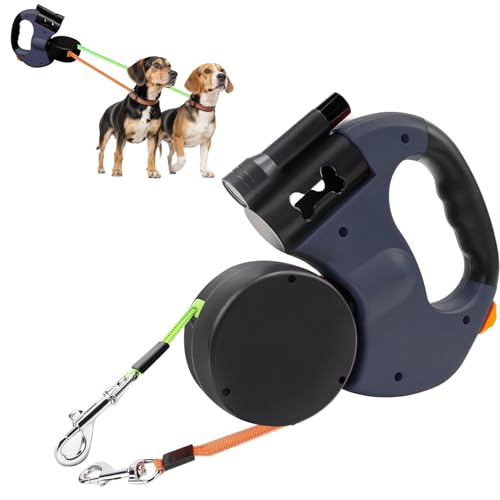 3m Rollleine für 2 Hunde, Doppelleine Hundeleine mit LED-Licht, 360° Drehbar, Reflektierendes Nylon, Verstellbar, für Kleine & Große Hunde, Blau