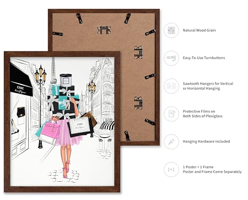 Image of Poster Master Fashion Poster - Lady with Shopping Bags Print - Trendy Art - Modern Art - Gift for Her & Fashionista - Luxury Haute Couture Decor for Bedroom or Girl's Room, 11x14 Brown Framed
