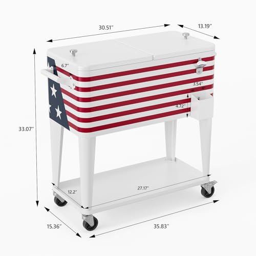Image of VINGLI Rolling Ice Chest, Portable Patio Party Bar Drink Cooler Cart, with Shelf, Beverage Pool with Bottle Opener
