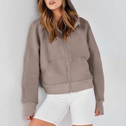 Timuspo Kapuzenpullover Damen Herbst Winter Fleecejacke Sweatjacke Hoodie Kapuzen Strickjacke Einfarbig Basic Sweatshirt Hellbraun XL