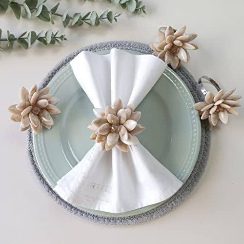 Marble Succulent Beige Napkin Rings, Shell Flower Ring Napkin Holder, Rustic Coastal Table Setting for Teatime, Family Gathering, Thanksgiving Day, Christmas Day,Dining Table Decoration…