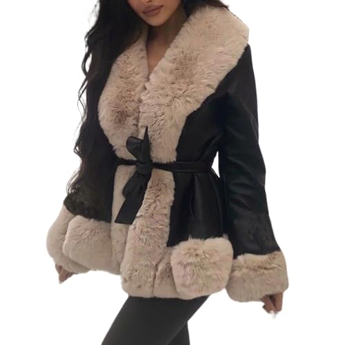 FeMereina Damen Kunstleder Jacke Mantel Kurz Parka Mantel mit Pelzkragen Open Front Plüsch Kragen Warm Cardigan mit Gürtel Outwear, Schwarz , 36