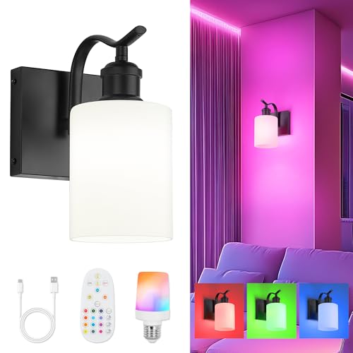 Image of 1-Light Bathroom Wall Sconce, Matte Black Modern Wall Light Fixture with Frosted Glass Shade RGB Bulb, RGB 12 Colors Modes Rechargeable Wall lamp for Bedroom Living Room, ZCVL01BK-1B