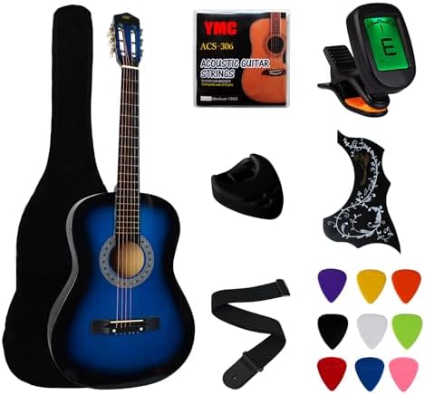 YMC 38" Blue Beginner Acoustic Guitar Starter Package Student Guitar with Gig Bag,Strap, 3 thickness 9 Picks,2 Pickguards,Pick Holder, Extra Strings, Electronic Tuner -Blue