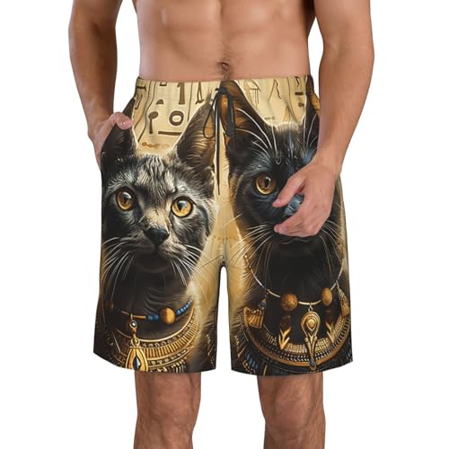 Men's Quick Dry Swim Shorts Egyptian Cats Hieroglyphics and Mystical Symbols Golden Beach Trunks with Pockets
