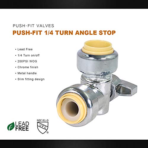 Image of Midline Valve VQBTQ1212-5 Push-Fit Water Supply Stop Valve; One Piece Design; Angle Shut-off for Toilet, Sink, Dishwasher, Heater; 1 /2 in. Push; Chrome Plated Brass (5 Pack)