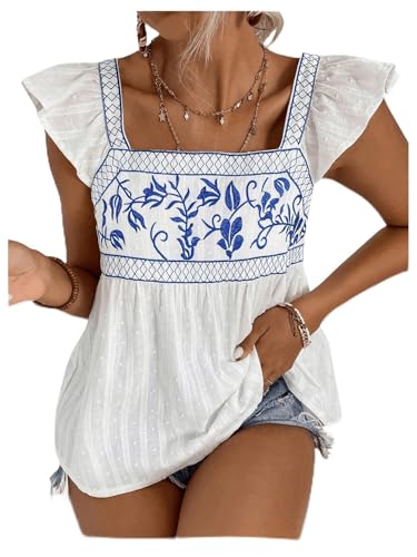 SweatyRocks Women's Floral Embroidery Ruffle Cap Sleeve Top Tie Back Flared Blouse Shirt