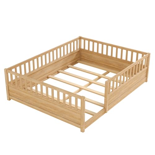 Image of Bellemave Queen Size Kids Montessori Floor Bed,Solid Wood Floor Bed Frame with High Fence and Door for Kids,Girls,Boys,Natural