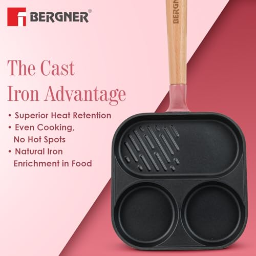 Image of BERGNER Excalibur Lightweight Cast Iron 18cm Breakfast Pan, Sturdy Wooden Handle, Non-Stick Coating, PFAS Free, Perfect Heat Distribution, Elegant Design - Induction Compatible (Pink)