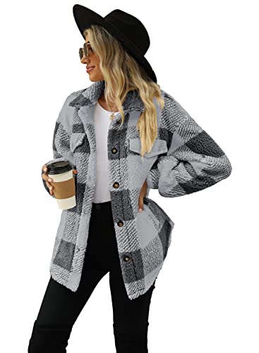 Nirovien Womens Plaid Sherpa Jacket Shacket Button Down Fleece Coat Long Sleeve Fuzzy Outwear With Pockets(Grey Plaid,2Xl) #TOP4