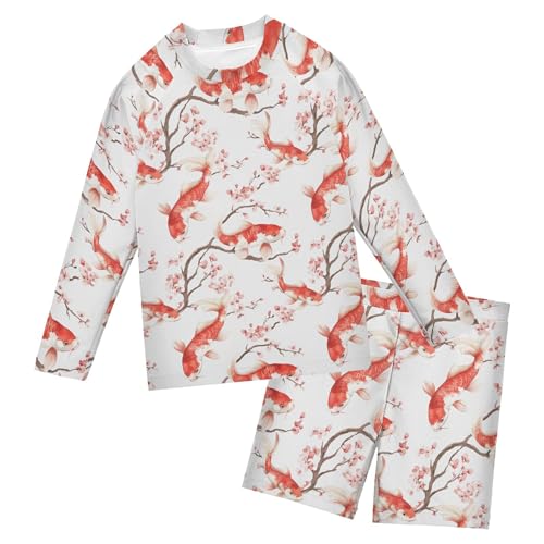 Koi Fish Pink Cherry Blossom Toddler Boys' 2-Piece Swimsuit Trunk, Long Sleeve Rashguard Bathing Suit B0405073