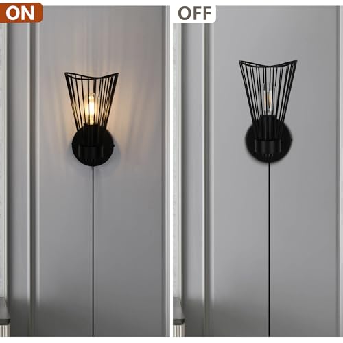 Image of Plug in Wall Sconce Indoor Large Modern Wall Sconces Farmhouse Wall Lamp with Plug in Cord Vintage Black Wall Lights with On /Off Switch Wall Light Fixture for Living Room Bedroom Rustic