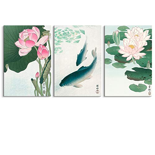 artprints1stop 3-Panel Canvas Print Wall Art - Water Lily, Lotus Flowers and Carp or Koi Fish by Japanese Painter Ohara Koson - 16x24 inches x 3 Panels