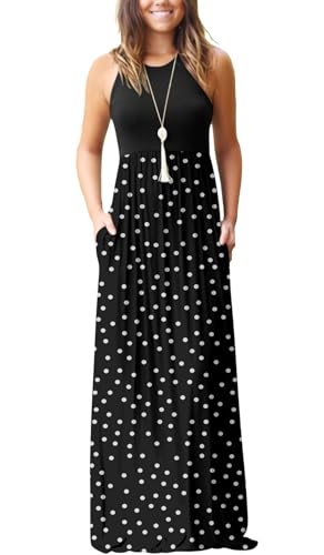 GRECERELLE Women's Summer Sleeveless Casual Long Tank Maxi Dress with Pockets, Polka Dot White Black, L