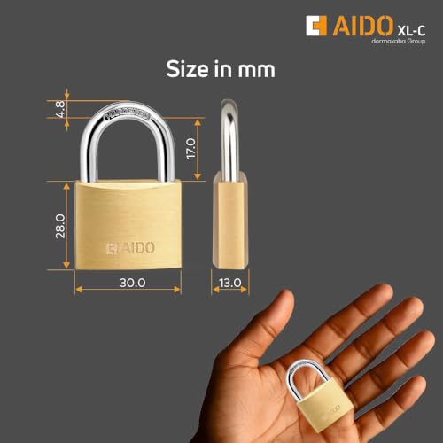 Image of AIDO by dormakaba Group 30mm Solid Brass Padlock | Lock for Luggage, Cabinets, Lockers, Toolboxes | 4 Brass Keys | Double Bolt | Hardened Shackle | Water Resistant | 2 Yr Warranty