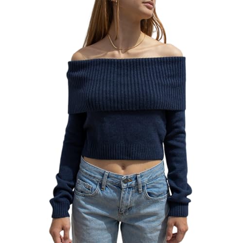 Image of Women Off Shoulder Long Sleeve Sweater Y2K Ribbed Knit Pullover Solid Crop Top Going Out Boat Neck Blouse