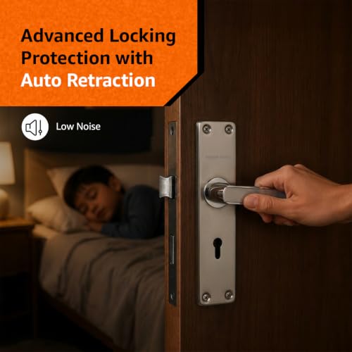 Image of Amazon Basics Mortise Door Lock Handle Set | BIS Certified Brass Lock Body | Auto-Retraction Mechanism | Suitable for Left & Right Handed Doors | Satin Steel Finish | Includes 3 Keys