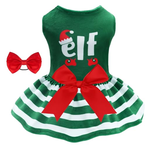 CuteBone Elf Dog Dresses Velvet Holiday Small Dogs Clothes Onesie Pet Apparel Girl Puppy Skirt with Bow Hair Rope