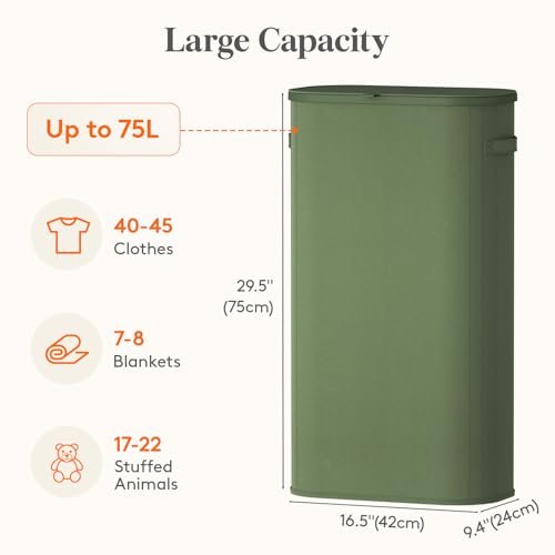 Image of Lifewit Slim Laundry Basket with Lid, Narrow Large Laundry Hamper with Plastic Handles and Removable Bag, Tall Foldable Dirty Clothes Hampers for Laundry Room, Bedroom, Bathroom, Dorm, 75L Green
