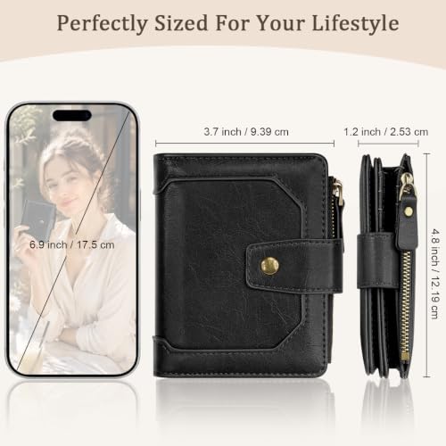 Image of Small Womens Wallet Billfold RFID Credit Card Holder Ladies Purse | Compact Wallets Women, 2 ID Windows,16 Card Slots, Zipper Coin Pocket, PU Leather, Woman Female Girls Gift, Black