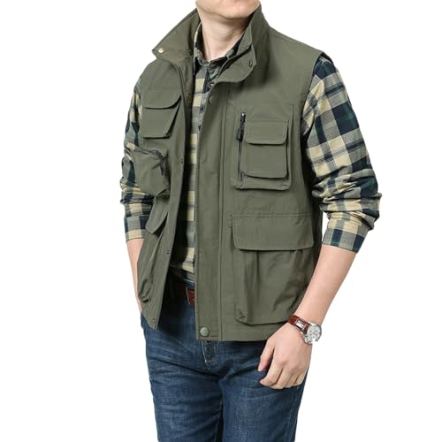 Men's Utility Work Vests Outdoor Fishing Safari Travel Photo Vests Lightweight Stand Collar Cargo Vest Multiple Pockets