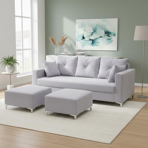Image of Zora 5 Seater L Shape Sofa Set with 2 Movable Ottomans | Flexible Layout | Rich Velvet Suede Fabric | Silver Legs | Spacious Seating | Modern Sofa for Living Room (Light Grey)