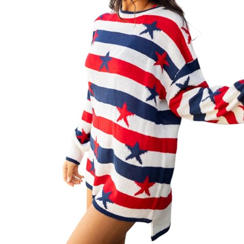 Image of Edhomenn Womens Lightweight Knit Jumper Long Sleeve Crew Neck Casual Sweatshirt Y2k Striped Star Loose Pullover Sweater Tops Autumn Lounge Wear (01 Blue, M)