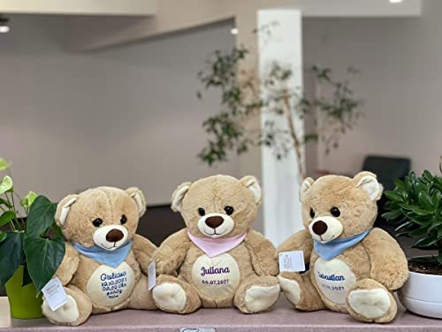 KIDDI-MEDIA Teddy Bär mit Name & Geburtsdatum Bestickt/Geschenk zur Taufe Geburt/personalisiert 30 cm (Halstuch: Rosa (MÄDCHEN)