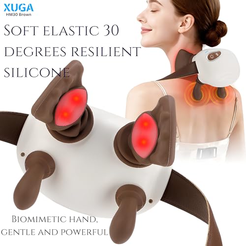 Image of XUGA HM030 Bionic Heated Massager, Wireless Portable Shiatsu Neck and Back Massager, 3 Custom Modes, 4D Kneading Massage, Simulated Human Hand Design for Pain Relief and Muscle Relax (Brown)