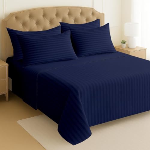 Image of Queen Size Bedsheets for Single Bed 600 TC - Cotton Elastic Fitted Sheet (66 x 75 Inches) with 10 Inch Drop- Color Navy Blue Stripe [ Fitted Sheet with 2 Pillow Cover]