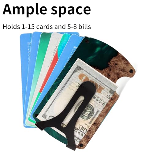 Image of Minimalist Wallet for Men, Slim Metal RFID Blocking Wallet Credit Card Holder Money Clip & Cash Strap, Scratch-Resistant Holds 15 Cards,Ideal Gift for Men | Resin Wood, Unique Pattern,Green