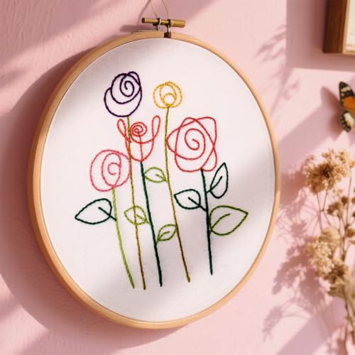 Image of Easy Flower Embroidery Kits for Beginners Adults, Minimalism Embroidery Starter Kits, Counted Cross Stitch Kits for Beginners Adults Hobbies Set for Women, Embroidery Hoops, Thread and Video Tutorial