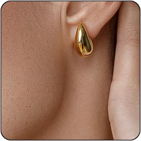 Small Teardrop Gold Chunky Earrings for Women,Thick Gold Plated Hoop Hypoallergenic Water Drop Earring Dupes for Women 18MM