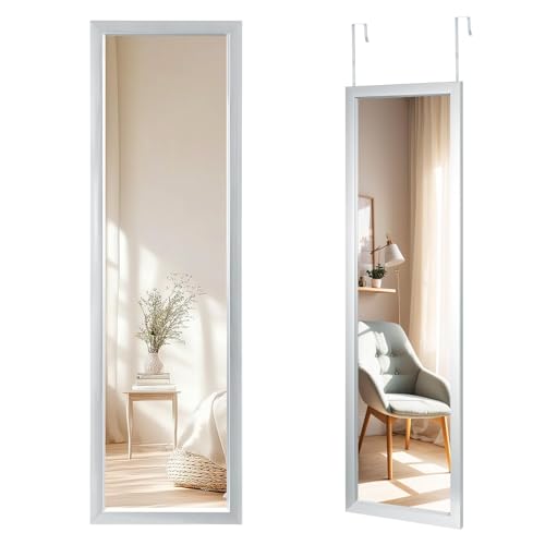 GREENSAPPIRE Ganzkörperspiegel 110x33cm Wand- & Türspiegel mit 2 Haken Höhenverstellbar Bruchsicheres Glas MDF-Rahmen Großspiegel für Schlafzimmer & Flur (Silber)