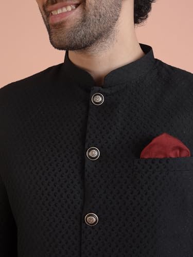 Kisah Men's Indo-Western Sherwani Trouser Set, Black Jacquard, Woven Design Regular Fit Mandarin Collar Long Sleeves (40)