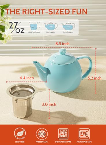 Image of Sweese Teapot, Porcelain Tea Pot with Stainless Steel Infuser, Blooming & Loose Leaf Teapot - 27ounce, Turquoise
