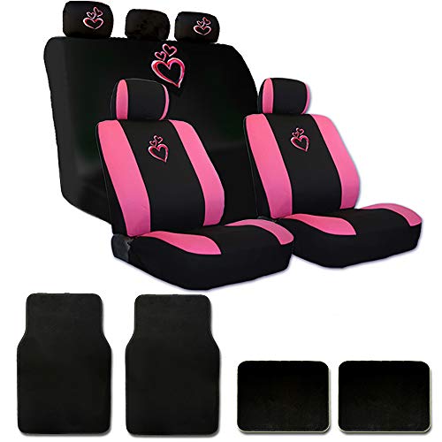 Yupbizauto New Large Pink Heart Car Truck SUV Seat Covers with Embroidery Logo Headrest Covers Floor Mats Gift Set for Women