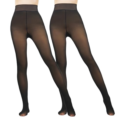 Image of Caprilite 2 Pairs Women Fleece Lined Tights-Fake Translucent Leggings High Waist Pantyhose Sheer Thick Warm Tights For Women