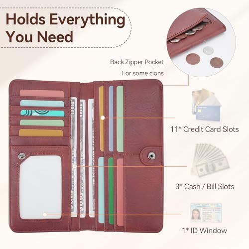 Image of Wallet Women Ultra Slim Thin Rfid 3D Embossed Vegan Leather Womens Wallet Clutch Long Ladies Wallet (07-Red)
