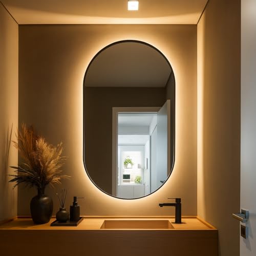 Florence Espelhos Espelho Oval com LED Branco Quente, 80x50 cm, Borda Polida, Suporte de Parede Premium