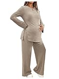 RoseSeek Women's Maternity 2 Piece Outfits Ribbed Knit Crew Neck Fall Tops and Pants Set Apricot XX-Large