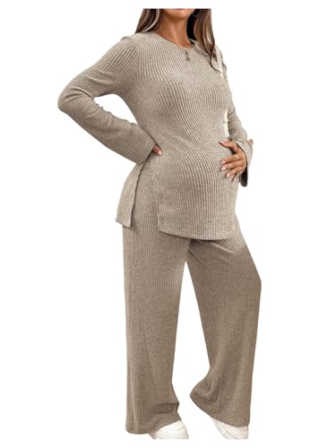 RoseSeek Women's Maternity 2 Piece Outfits Ribbed Knit Crew Neck