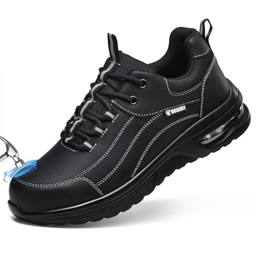 Image of Hogent Steel Toe Shoes for Men & Women, Anti-Smashing Puncture Resistant Lightweight Comfortable Cushioned Work Shoes, All-Day Wear Construction Safety Sneakers Black