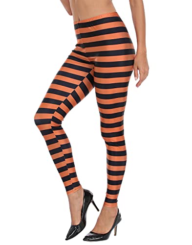 HDE Womens Funny Printed Leggings Digital Print Footless Stretchy Tights Black & Orange - L