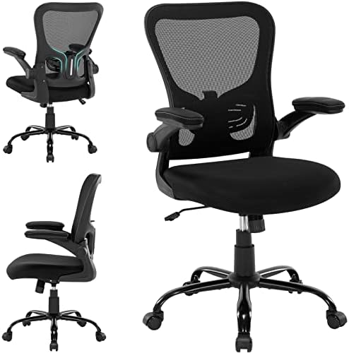 Office Chair Ergonomic Desk Chair - Mesh Thick Foam Cushion Adjustable Height Computer Chair with Lumbar Support and Flip-up Armrests, Home Office Desk Chairs, Swivel Executive Task Chair, Black
