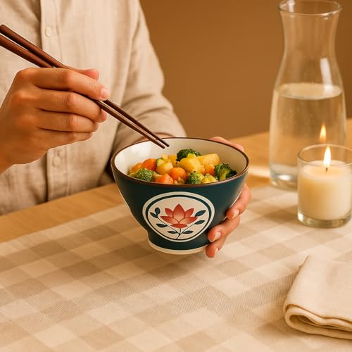 Image of YELONA Japanese Style Ceramic Bowls - 4.8 Inch (300ml), Set of 2 - Floral Design Rice /Noodle Bowls - Microwave & Dishwasher Safe, Ideal for Gifting Choice