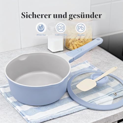 Keramik Stielkasserolle 20 cm mit Deckel, 2.5L Antihaft- Blau-grau – Ansicht 2