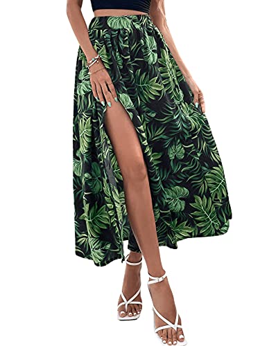Sweatyrocks Women's Casual Split Hem Elastic High Waist Maxi Long Skirt Green Black L #TOP2