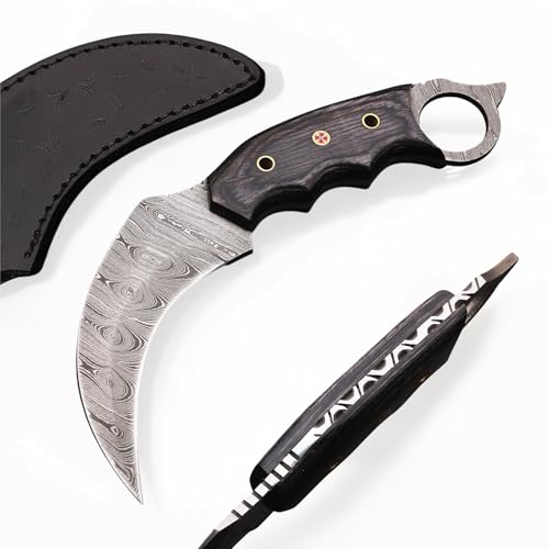 H & H BLADES Handmade Damascus Steel Karambit Knife | 9.5 Inches Cowboy Knife with Sheath | Fixed Blade Skinning Knife for Men | Best for Camping, Hunting, Fishing, Indoor & Outdoor Activities