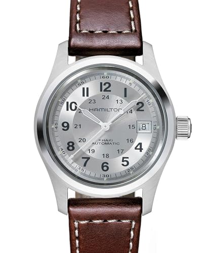 Image of Hamilton Khaki Field Automatic Men's Watch, 38mm Stainless Steel Case, Swiss Made, Silver Dial Analog Wrist Watch for Men, 100m Waterproof, Sapphire Crystal, 3-Hand Movement, Cow Leather Strap